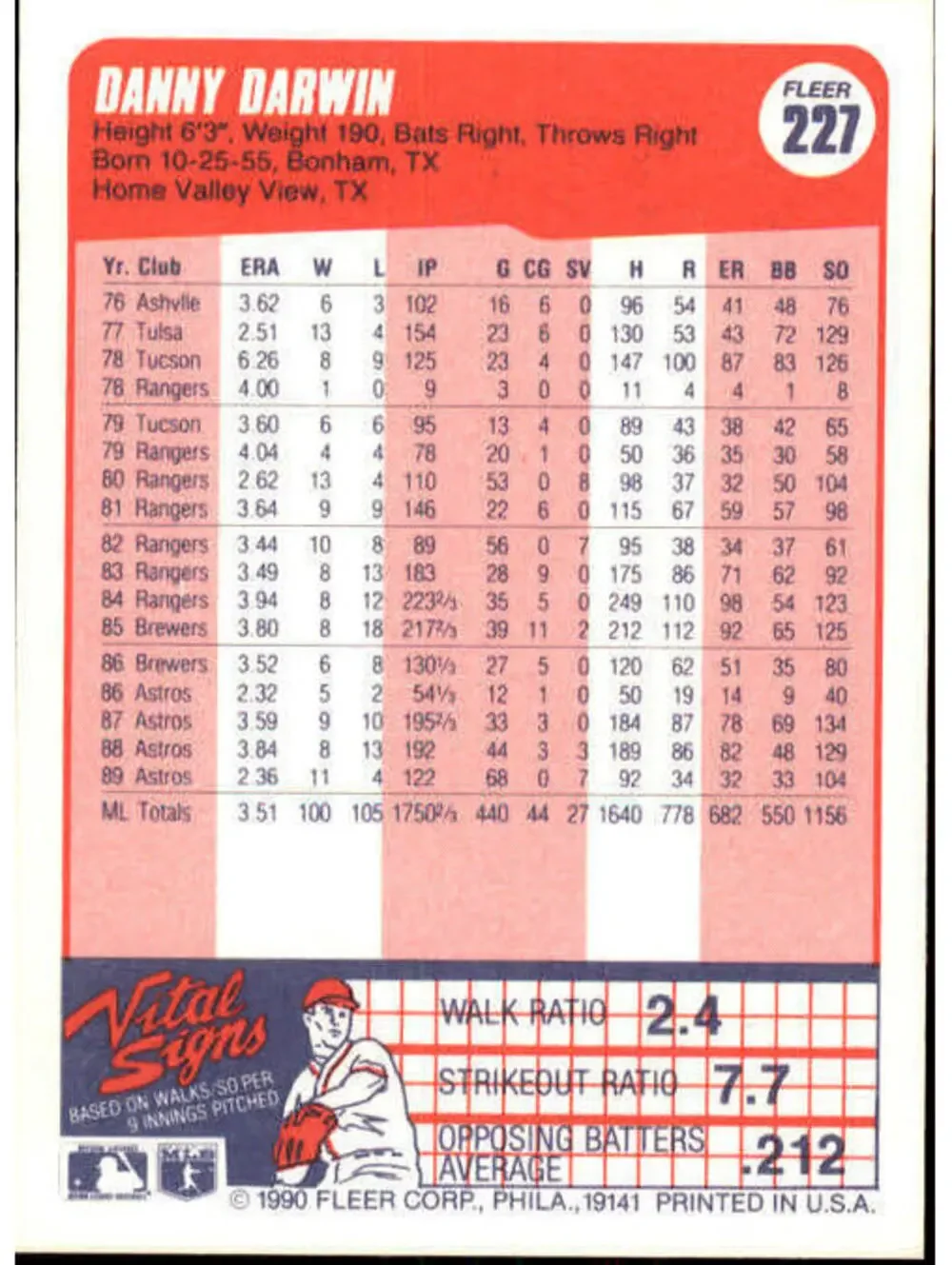 1990 Danny Darwin Fleer Baseball Card #227